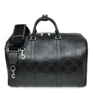 Gucci GG Embossed Boston Bag Black Leather Shoulder Strap
